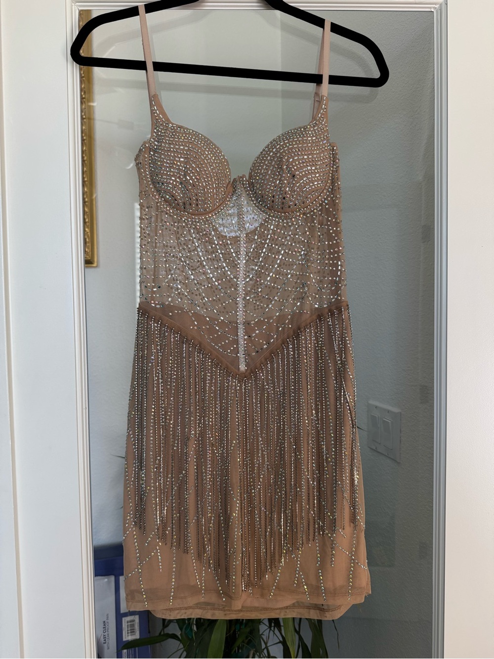 Nude Crystal Fringe Mini Dress - Picture 3 of 9
